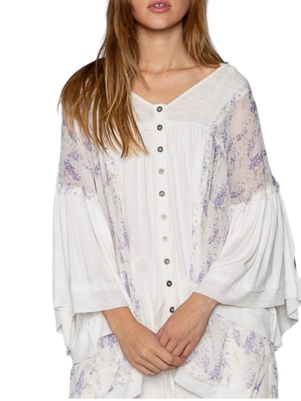 New POL White Button-Down Blouse with Lavender Floral Sleeves - Picture 2 of 5